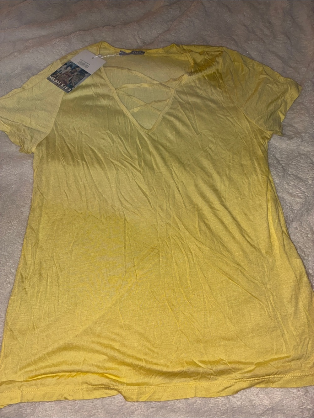 Kiss Yellow Short-Sleeve V-Neck Tee with Crisscross Detail